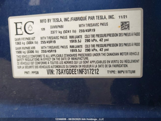 7SAYGDEE1NF317212 Tesla Model Y