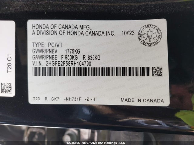 Honda k20c2 2024 2HGFE2F58RH104790 Image 9