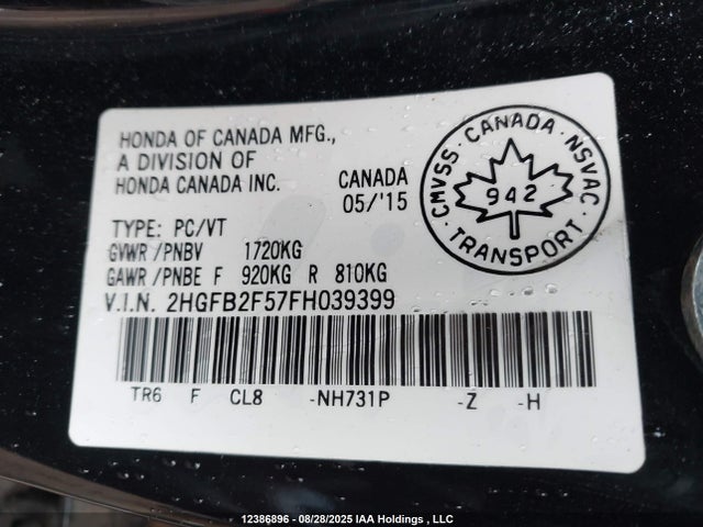 Honda r18z1 2015 2HGFB2F57FH039399 Image 9