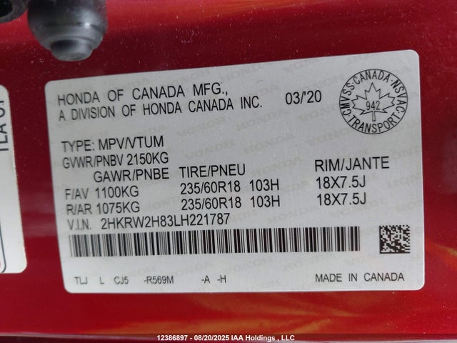 2HKRW2H83LH221787 Honda l15be