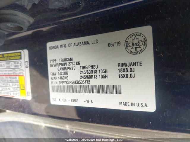 Honda j35y6 2019 5FPYK3F54KB505472 Image 9