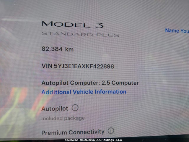 5YJ3E1EAXKF422898 Tesla MODEL 3