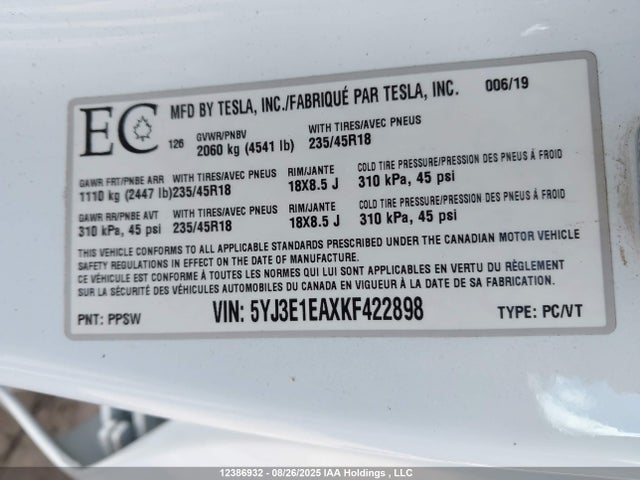 5YJ3E1EAXKF422898 Tesla MODEL 3