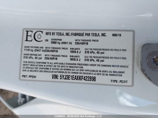 5YJ3E1EAXKF422898 Tesla MODEL 3