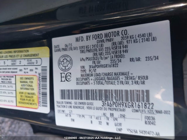 3FA6P0H9XGR161822 Ford Fusion