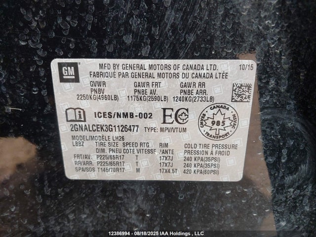 Chevrolet lea - e85 max, aluminum 2016 2GNALCEK3G1126477 Image 9