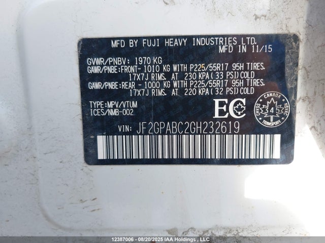 Subaru naturally aspirated 2016 JF2GPABC2GH232619 Image 9