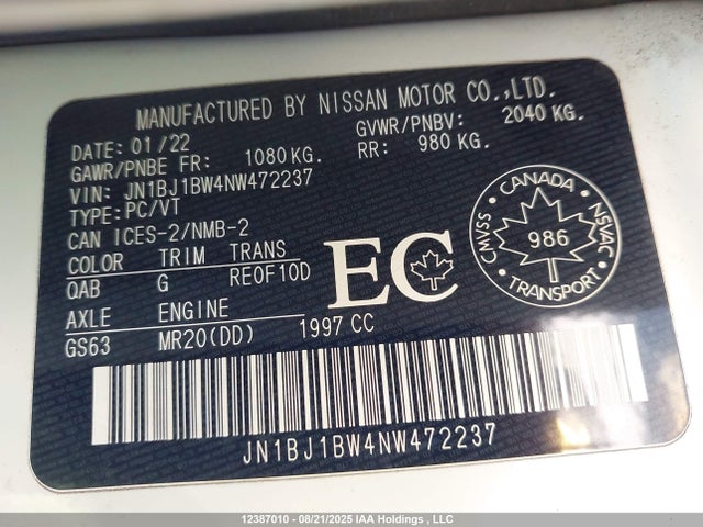JN1BJ1BW4NW472237 Nissan ROGUE SPORT