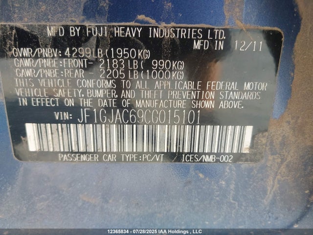 Aukcja sprzedaży 2012 Subaru Impreza 2.0i Touring Package, vin: JF1GJAC69CG015101, numer aukcji: 12365834