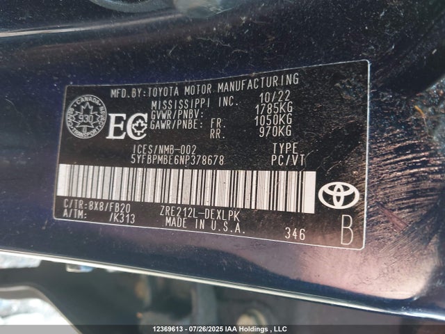5YFBPMBE6NP378678 Toyota 2zr-fae