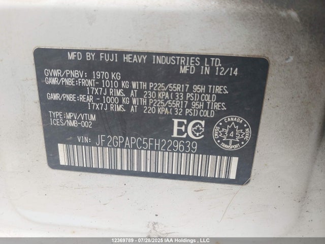 JF2GPAPC5FH229639 Subaru 2.0l naturally aapirated