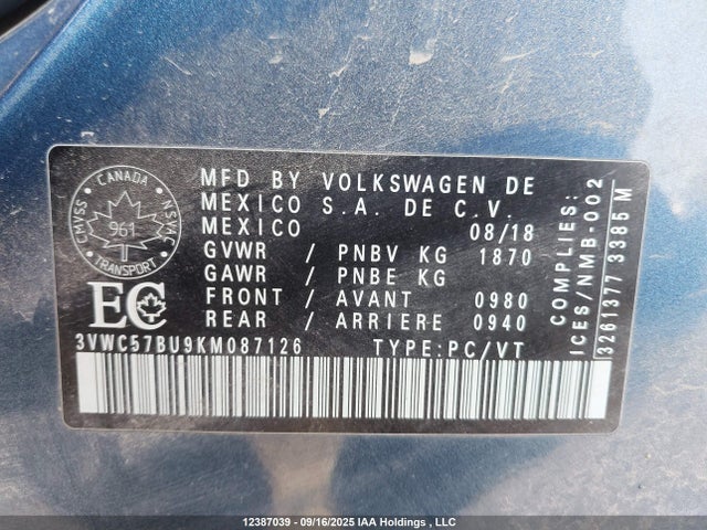 3VWC57BU9KM087126 Volkswagen 1.4 tsi