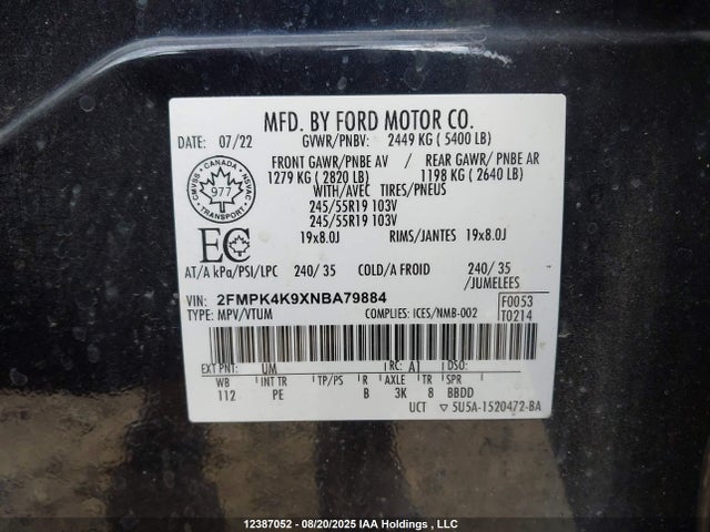 2FMPK4K9XNBA79884 Ford Edge Titanium