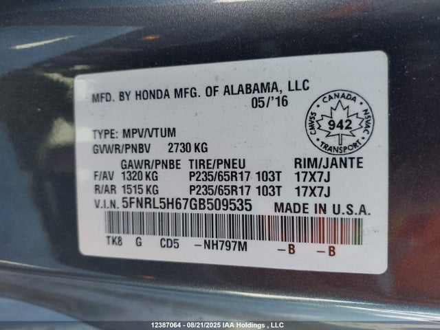 5FNRL5H67GB509535 Honda j35z8
