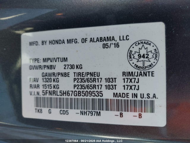 5FNRL5H67GB509535 Honda j35z8
