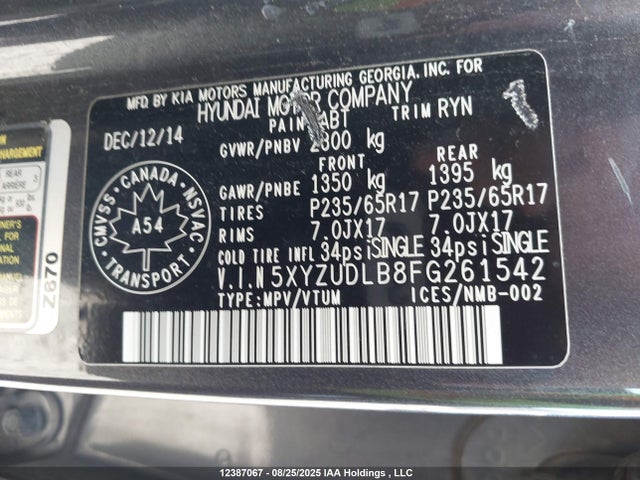 5XYZUDLB8FG261542 Hyundai dohc gdi theta ii