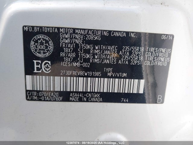 Toyota 2ar-fe 2014 2T3DFREV8EW191985 Image 9