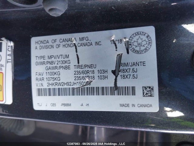 2HKRW2H92JH150166 Honda l15be