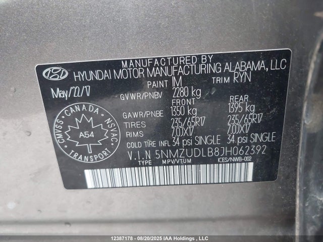 5NMZUDLB8JH062392 Hyundai gdi theta ii
