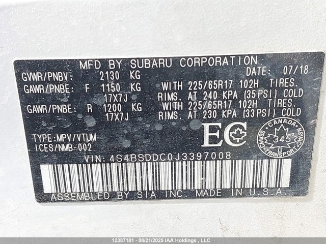 Subaru c5 2018 4S4BSDDC0J3397008 Image 9