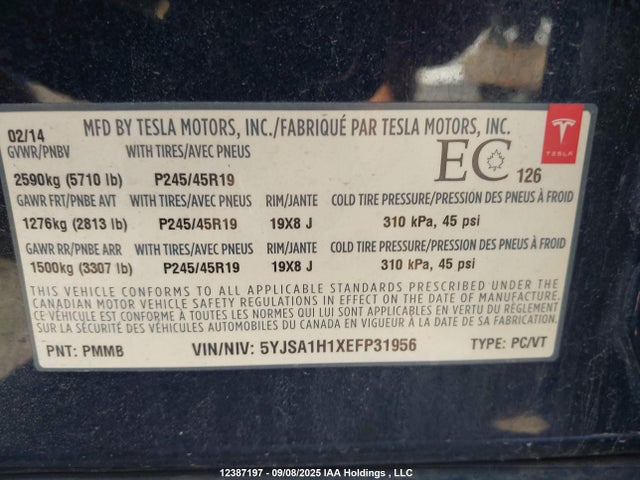 Tesla MODEL S 2014 5YJSA1H1XEFP31956 Image 9