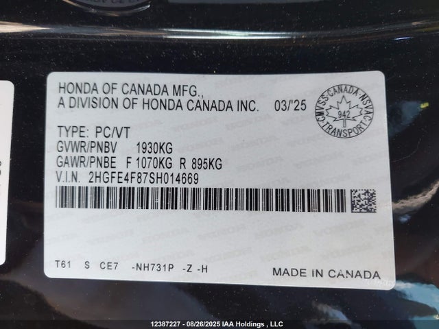 Honda lfc3 2025 2HGFE4F87SH014669 Image 9