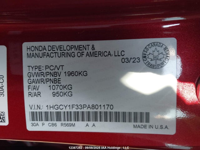 1HGCY1F33PA801170 Honda ACCORD EX