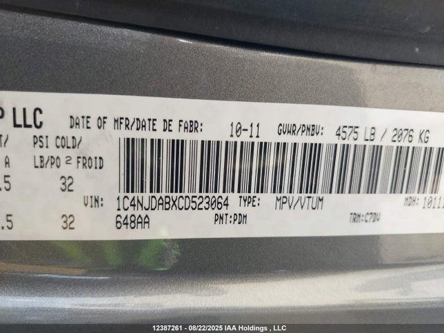 12387261 :رقم المزاد ، 1C4NJDABXCD523064 vin ، 2012 Jeep Compass Sport/north مزاد بيع