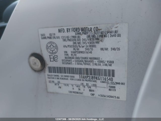 Ford Taurus 2019 1FAHP2J89KG116540 Image 9