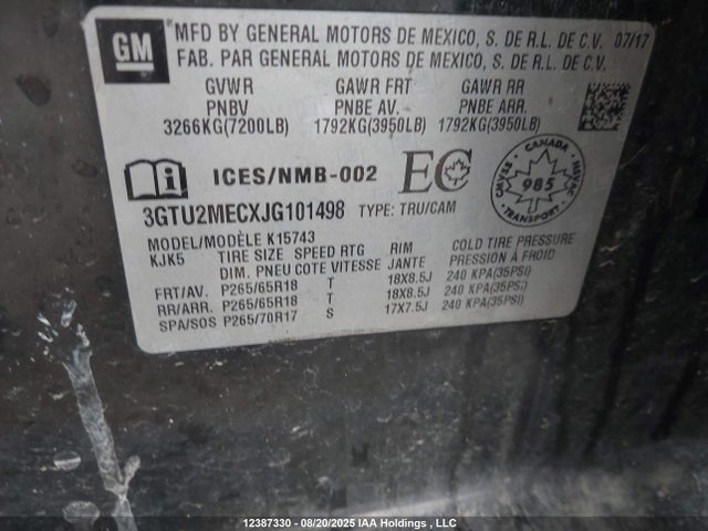 3GTU2MECXJG101498 GMC l83 -spark ignited direct injection, variable valve timing, afm, e85 max, alum