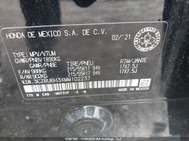 3CZRU6H3XMM102237 Honda HR-V LX
