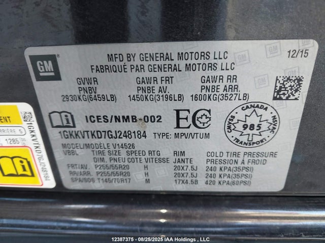 GMC llt - sidi, alum, 60 degrees 2016 1GKKVTKD7GJ248184 Image 9