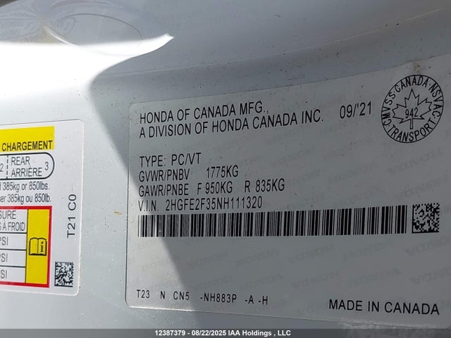2HGFE2F35NH111320 Honda Civic