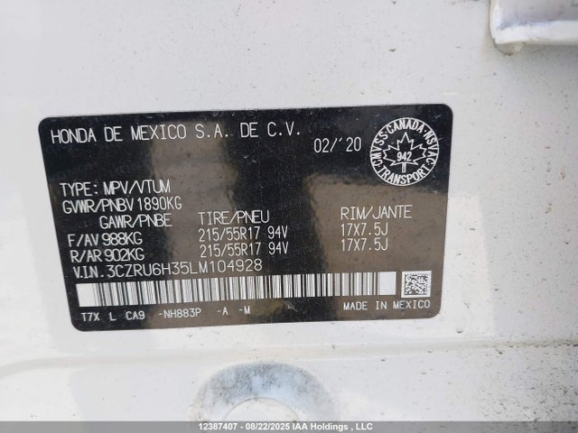 3CZRU6H35LM104928 Honda r18z9