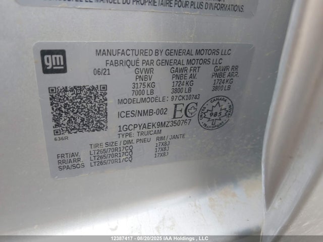 1GCPYAEK9MZ350767 Chevrolet l3b