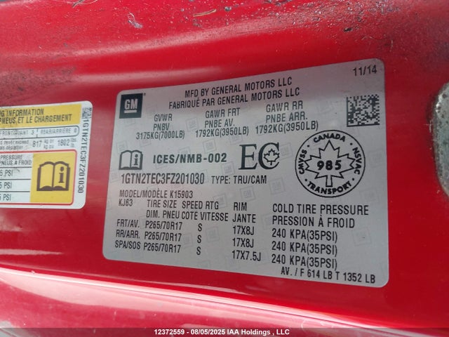 1GTN2TEC3FZ201030 GMC l83 - vvt, active fuel management, aluminum