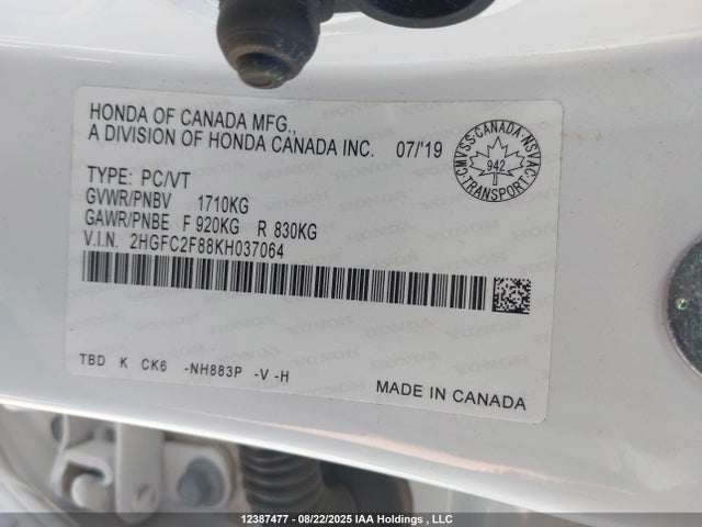 Honda k20c2 2019 2HGFC2F88KH037064 Image 9