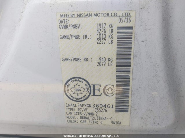 1N4AL3APXGN369461 Nissan Altima