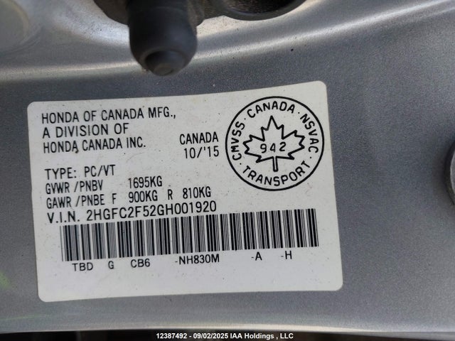 Honda k20c2 2016 2HGFC2F52GH001920 Image 9
