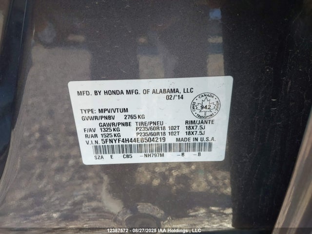 Honda Pilot Ex 2014 5FNYF4H44EB504219 Image 9
