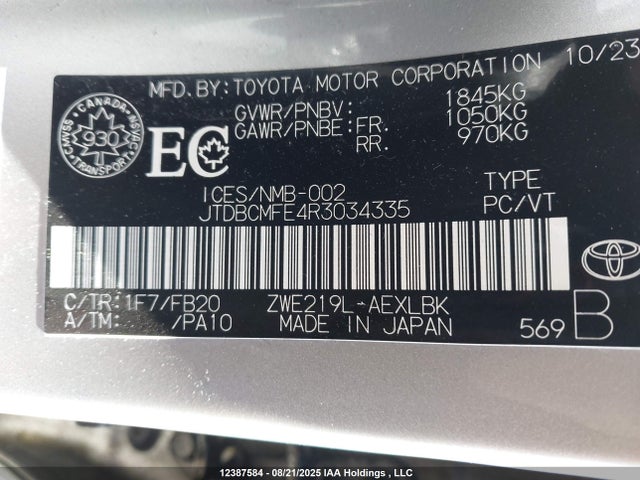 JTDBCMFE4R3034335 Toyota 2zr-fxe