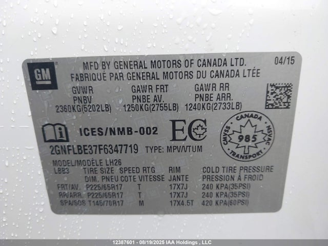 Chevrolet EQUINOX LT 2015 2GNFLBE37F6347719 Image 9