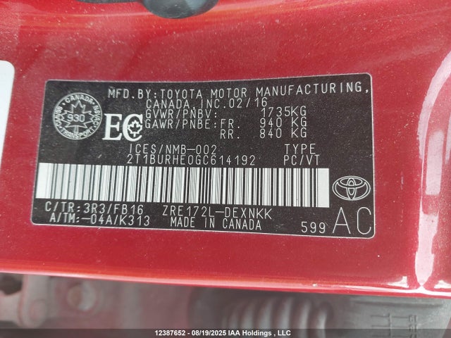2T1BURHE0GC614192 Toyota 2zr-fe