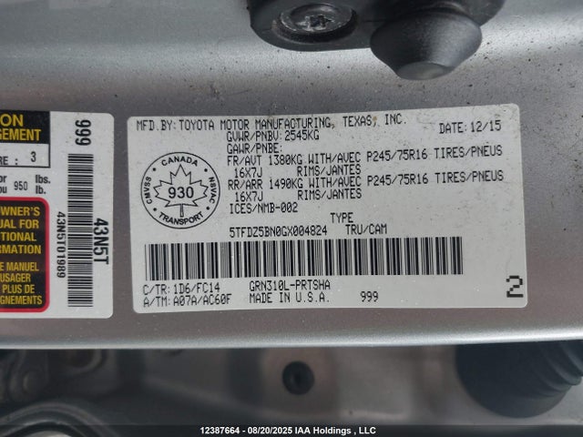 5TFDZ5BN0GX004824 Toyota 2gr-fks