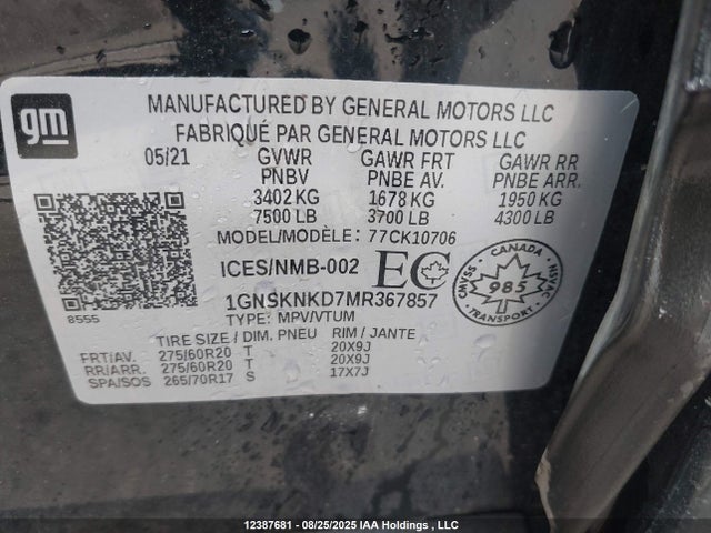 1GNSKNKD7MR367857 Chevrolet l84 - di, alum, gen 5, var 2