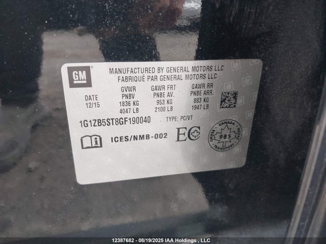 12387682 :رقم المزاد ، 1G1ZB5ST8GF190040 vin ، 2016 Chevrolet Malibu Ls مزاد بيع