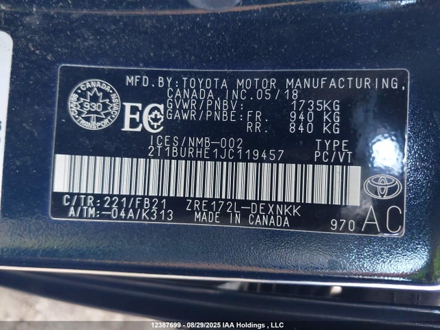Toyota 2zr-fe 2018 2T1BURHE1JC119457 Image 9