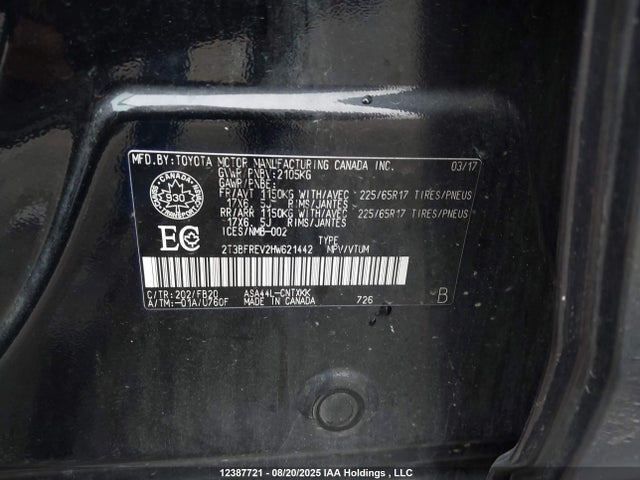 2T3BFREV2HW621442 Toyota 2ar-fe
