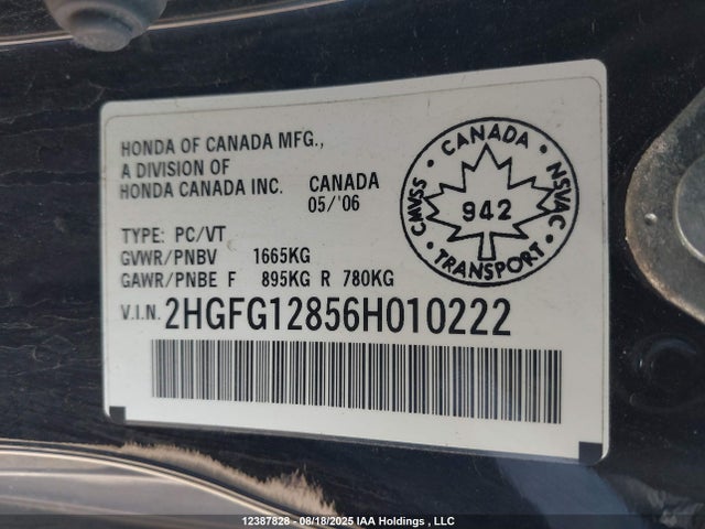 Продаж на аукціоні авто 2006 Honda Civic Ex, vin: 2HGFG12856H010222, номер лоту: 12387828