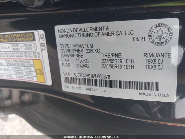 5J8TC2H91ML806678 Acura Rdx Platinum Elite/pmc Edition